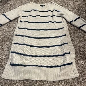 ANA A New Approach Women's Size Medium Tan Navy Striped Split Side Tunic Sweater